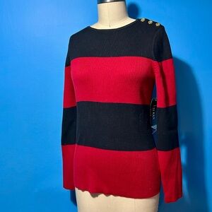 Red and Black Striped Sweater with Button Detail